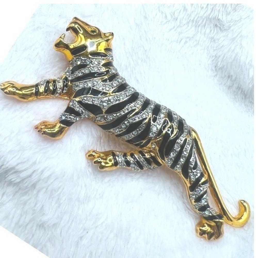Vintage‎ Large Rhinestone Enamel Brooch Figural Tiger Cat Figural Statement 4"